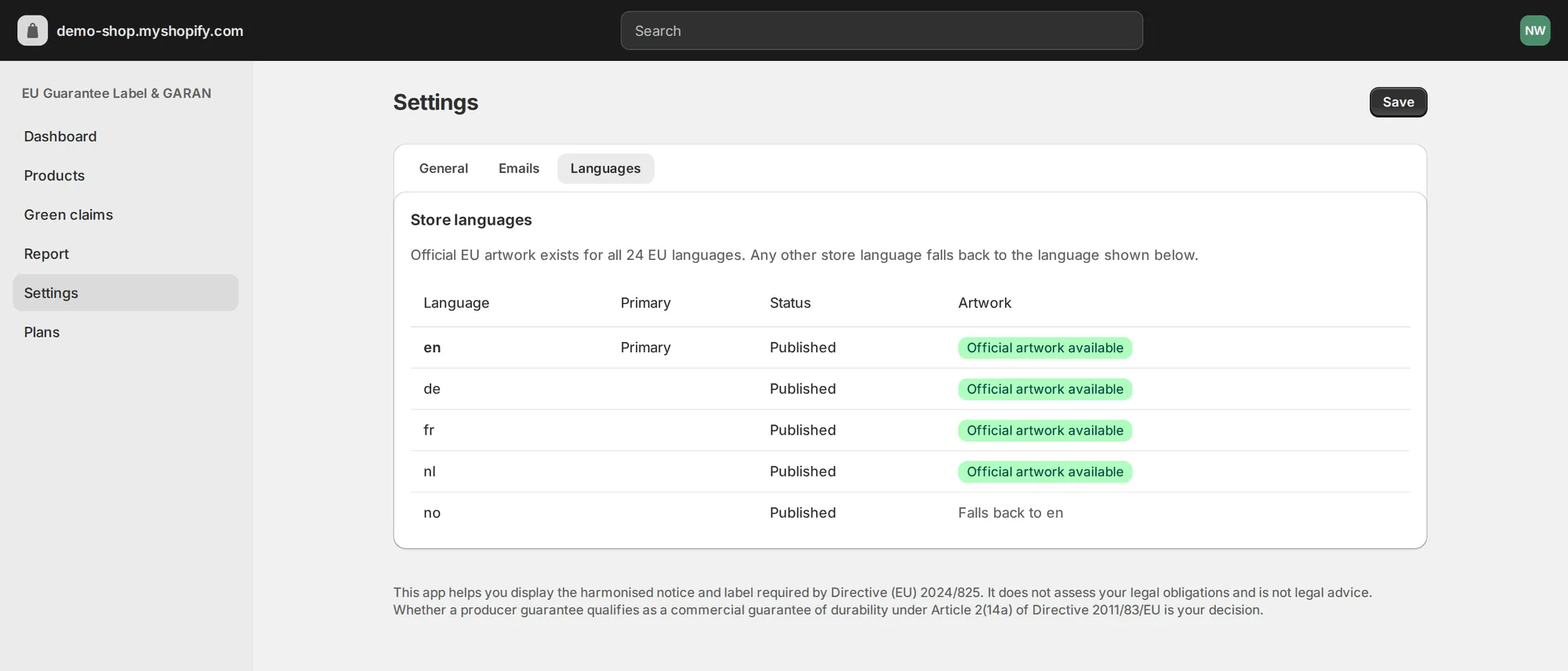 Settings Languages tab listing store locales with a badge showing official artwork is available